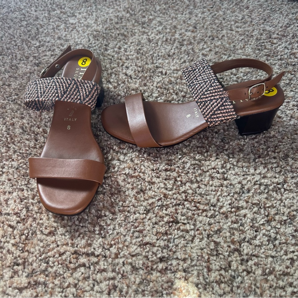 Italian Shoemakers Brown Leather & Woven Strap Block Heel Sandals